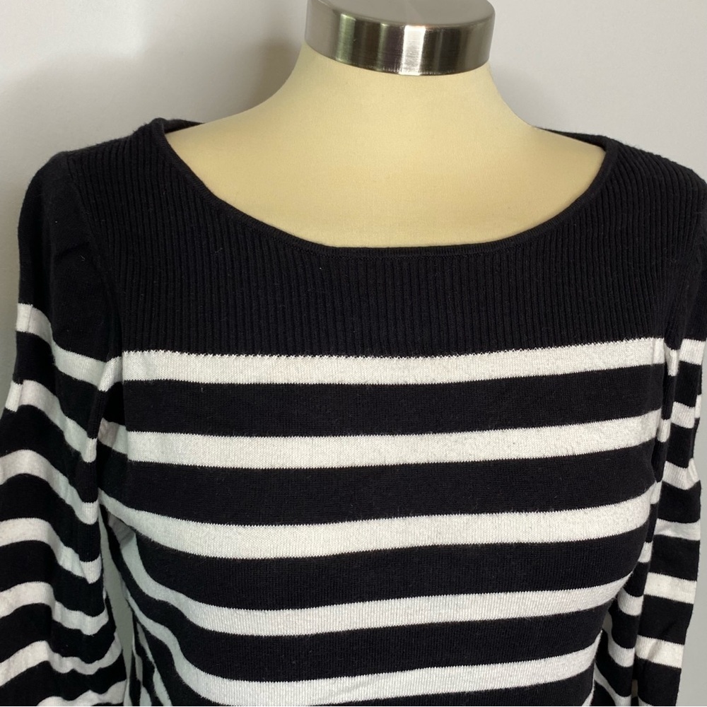 Ann Taylor Factory Black and White Striped Boatneck Crop Sleeve Sweater - Picture 2 of 7